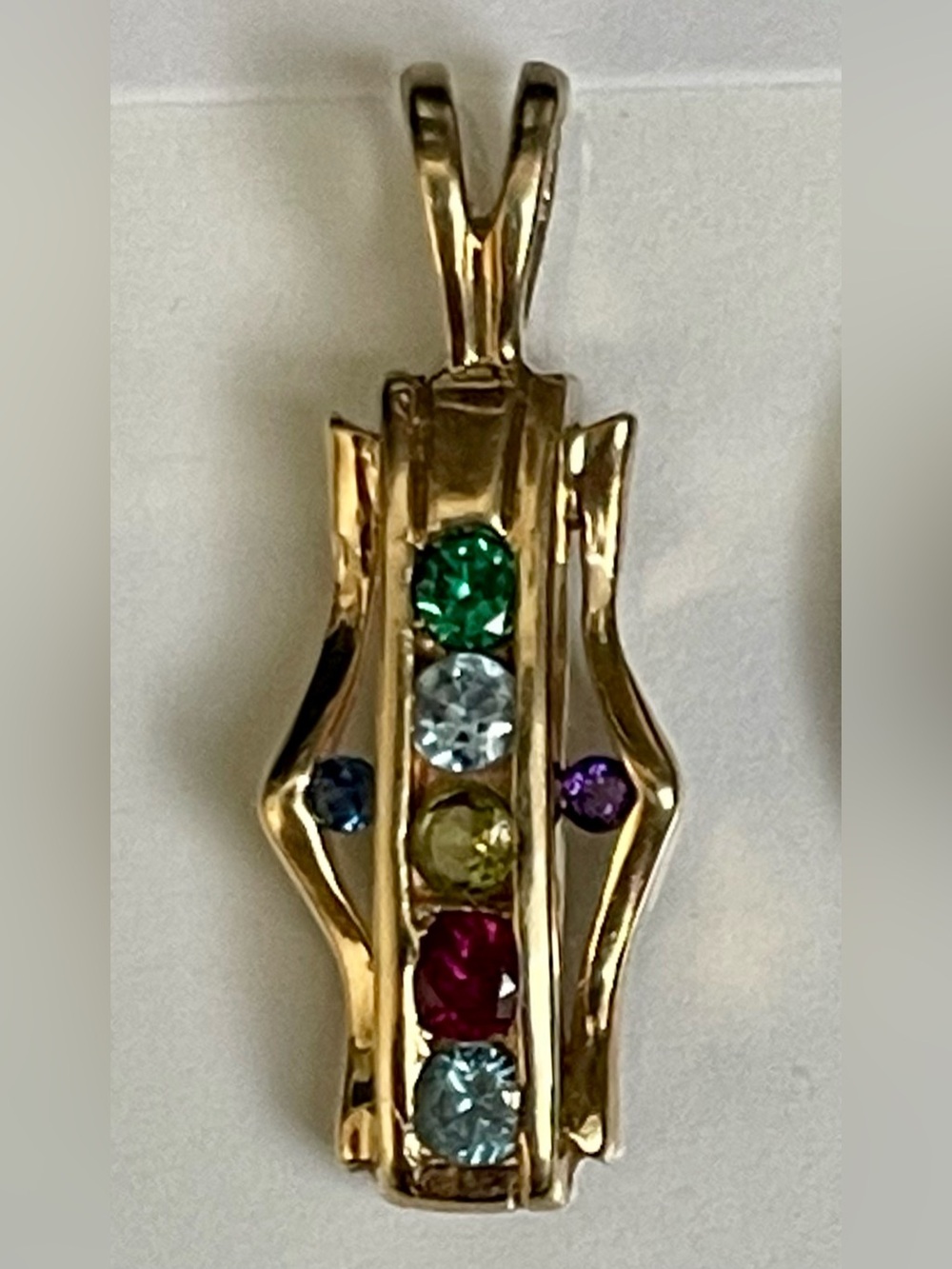 Solid 14k Yellow Gold Multi-Stone Pendant w/Rabbit Ear Bail Approx 2.7g TW